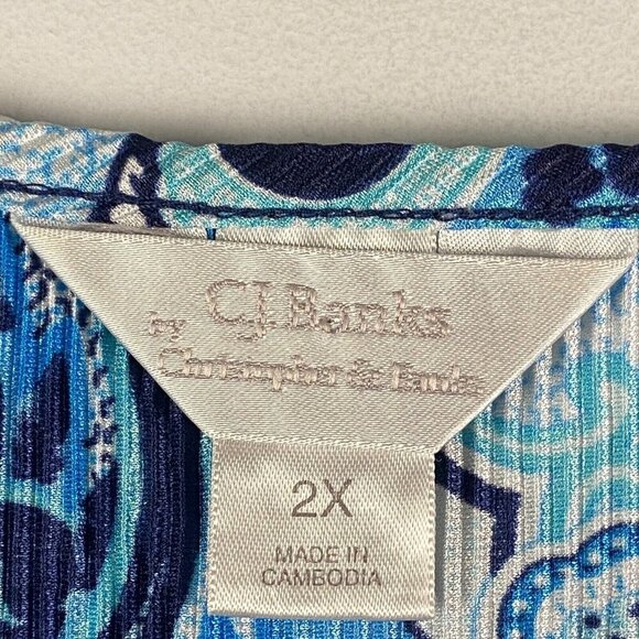 CJ Banks Blue Floral Pleated Blouse Size 2X V Neck 3/4 Sleeves Layered Look - Picture 4 of 10